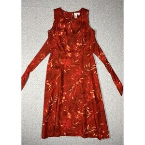 Coldwater Creek 90s Vintage Women's Red Floral Twin Scoop Neck Silk Dress Sz 14